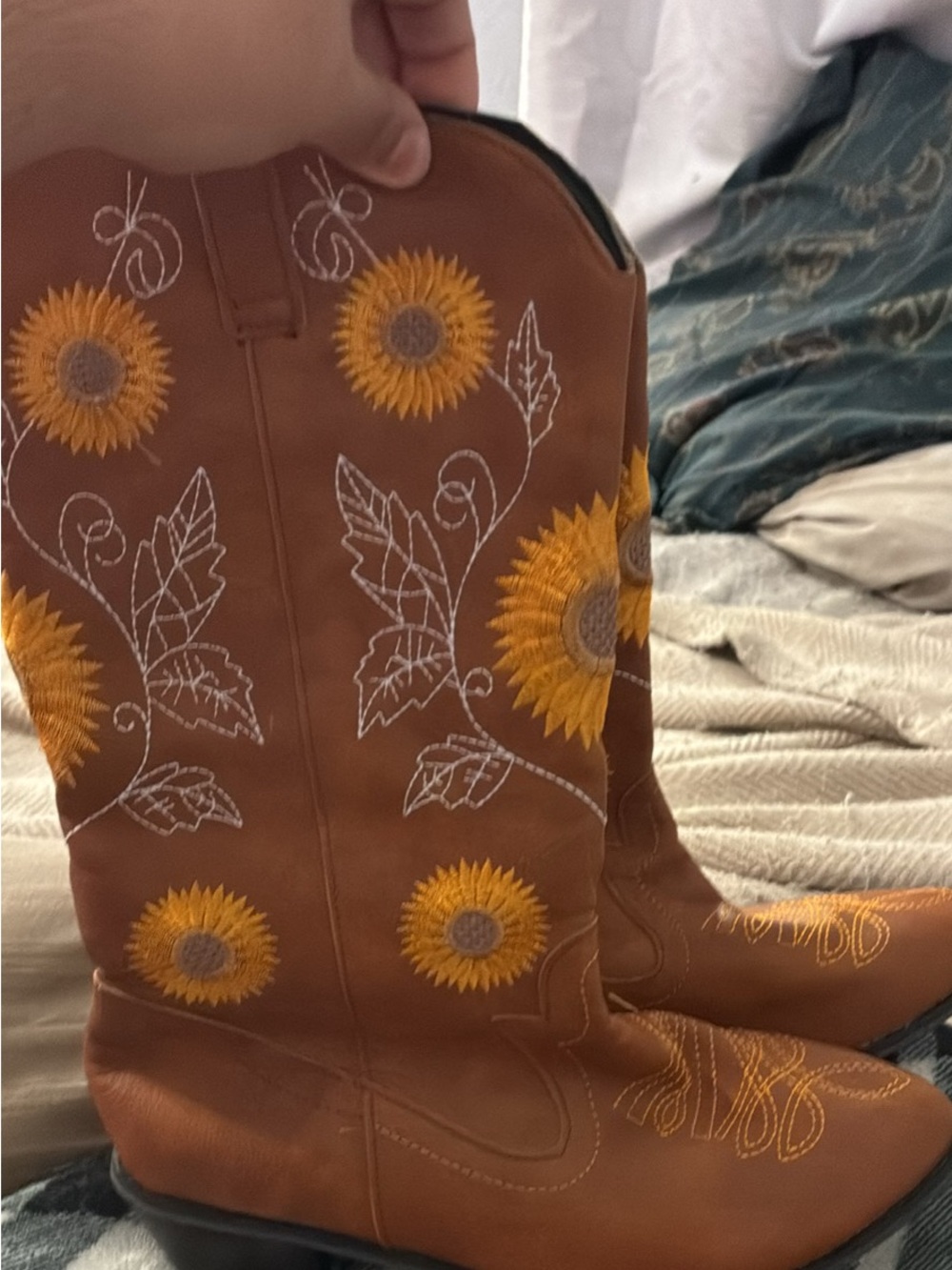 & Other Stories Brown Lace-Up Western Boots with Yellow Sunflower Embroidery